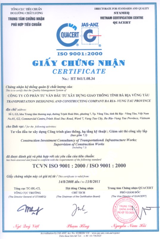 Giấy chứng nhận ISO 9001:2000 — số HT 841/1.08.34