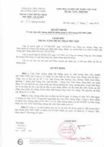 Quyết định cấp giấy chứng nhận ISO 9001:2008 — QUACERT, 2013